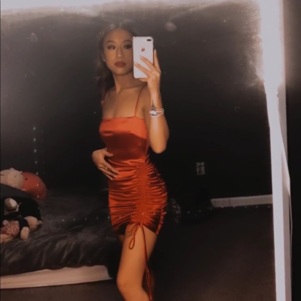 Valentine’s Day satin body con dress scrunched